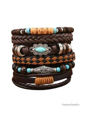 Vintage Stackable Turquoise Beaded Leather Bracelet Cow Head Charm Stretch